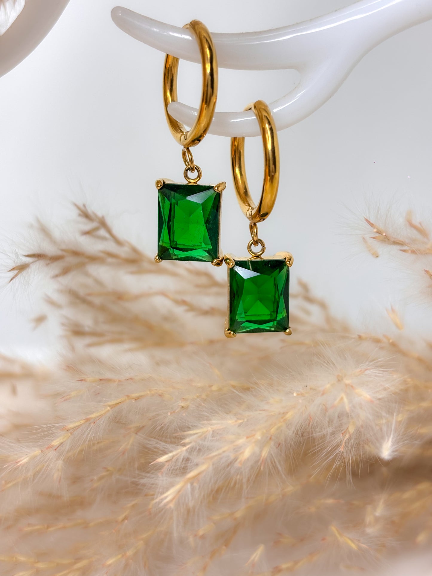 Green Stone Drop Huggies - 18K Gold Plated | Waterproof | Anti-Tarnish