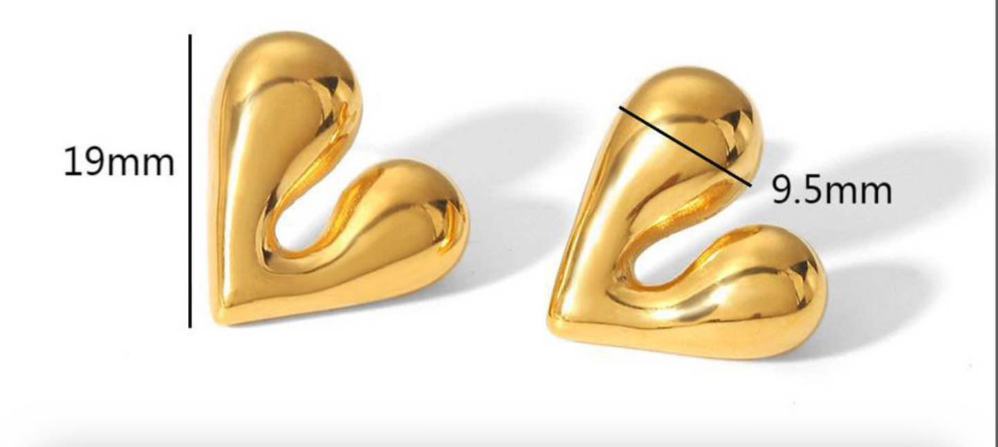 Gold heart-shaped earrings with measurements on a white background