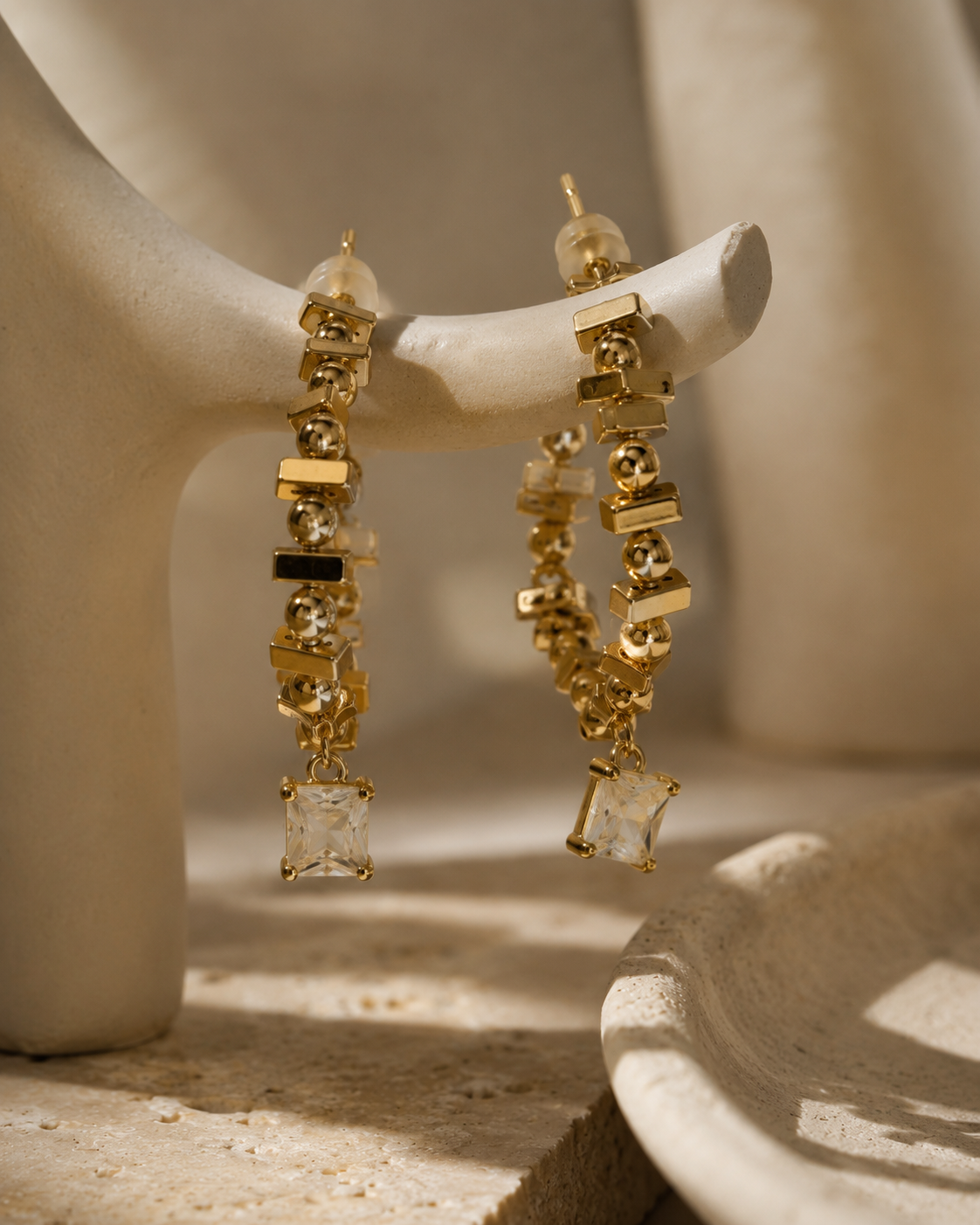 Minimal anti-tarnish gold hoop geometric with gem stone earrings for everyday wear