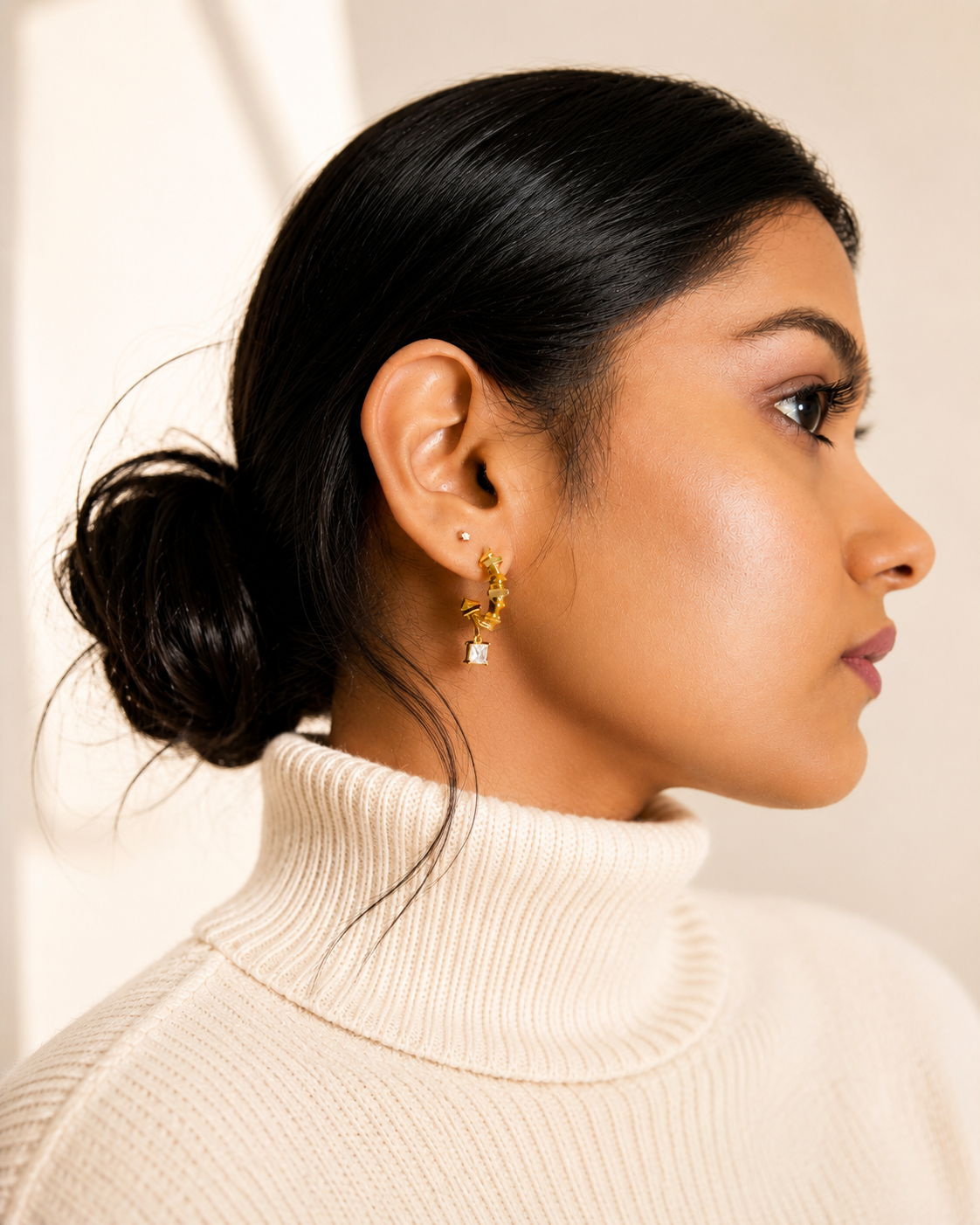 Minimal anti-tarnish gold hoop geometric with gem stone earrings for everyday wear