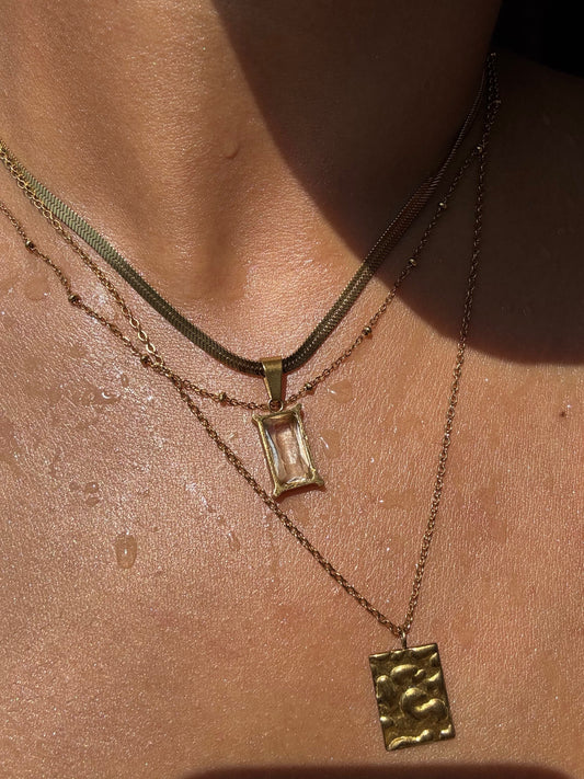 Snake Chain Necklace with White Stone Pendant - 18K Gold Plated | Waterproof | Anti-Tarnish