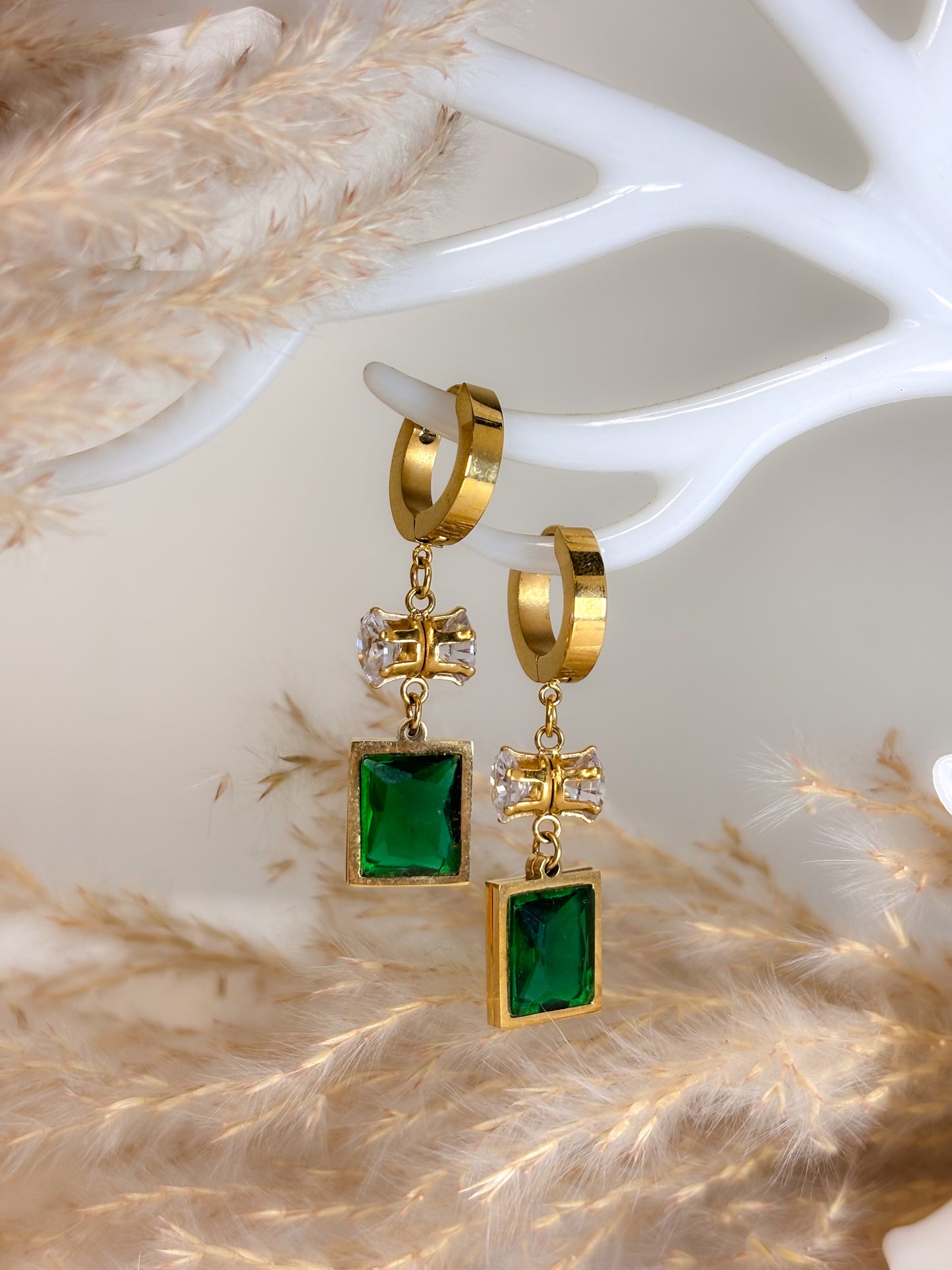 Talia Green Stone Drop Earrings - 18K Gold Plated | Waterproof | Anti-Tarnish