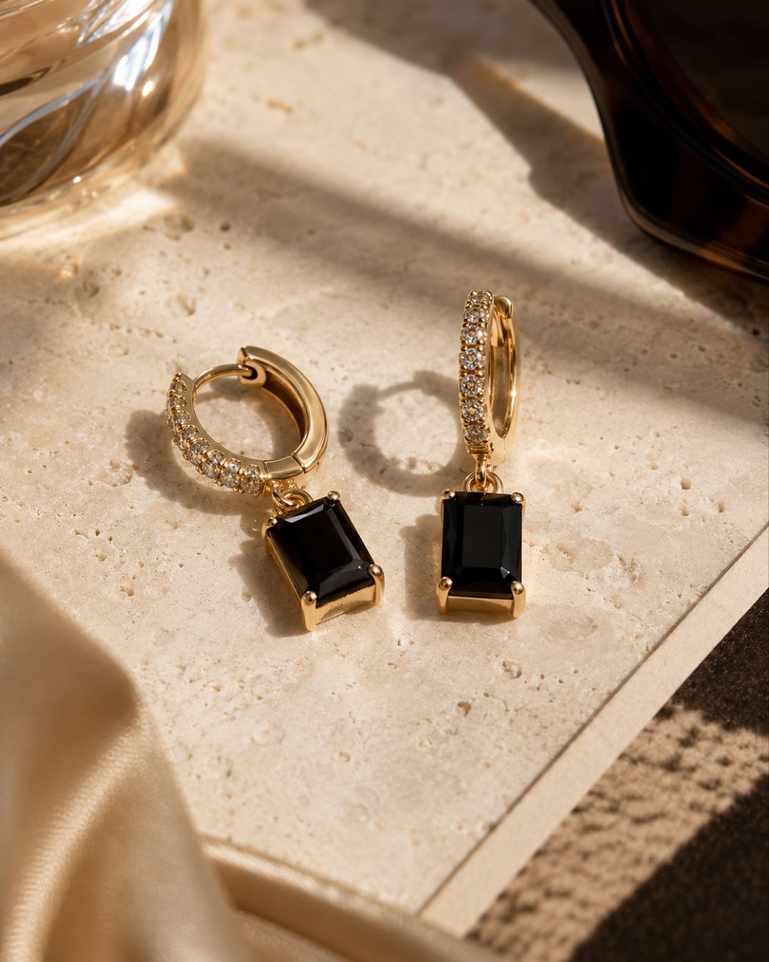 Waterproof 18K gold plated Black sTone huggies hoop earrings by Zorai Lifestyle . Minimal anti-tarnish gold huggie earrings for everyday wear