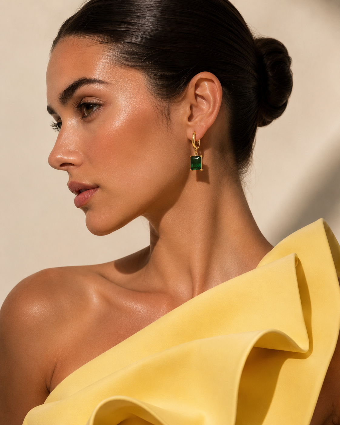 Waterproof 18K gold plated green stone drop huggies hoop earrings by Zorai Lifestyle. Minimal gold hoop earrings for everyday wear