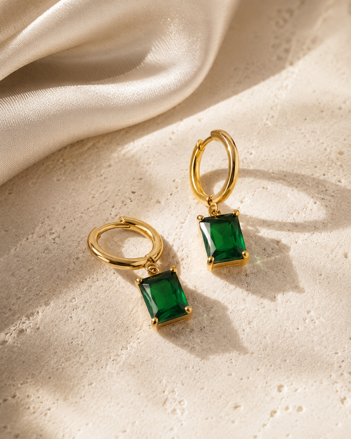 Waterproof 18K gold plated green stone drop huggies hoop earrings by Zorai Lifestyle.Minimal gold hoop earrings for everyday wear