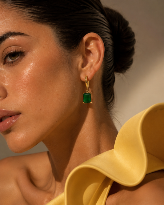 Waterproof 18K gold plated green stone drop huggies hoop earrings by Zorai Lifestyle 
Minimal gold hoop earrings for everyday wear
