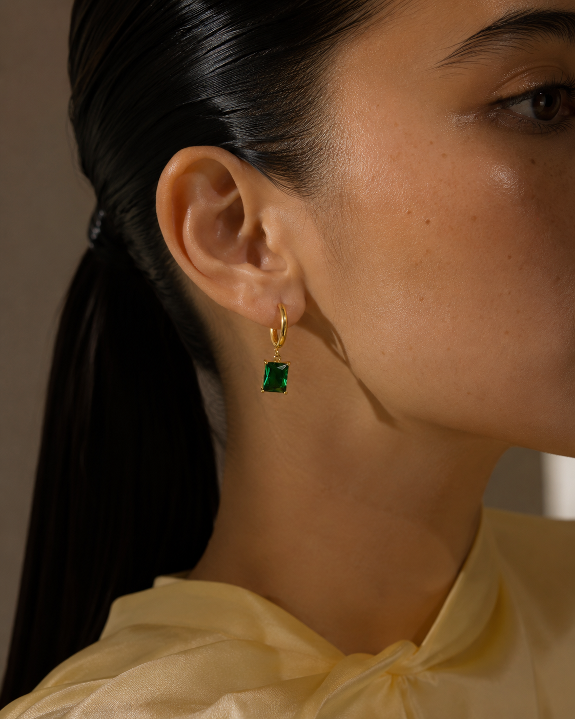 Waterproof 18K gold plated green stone drop huggies hoop earrings by Zorai Lifestyle,Minimal gold hoop earrings for everyday wear