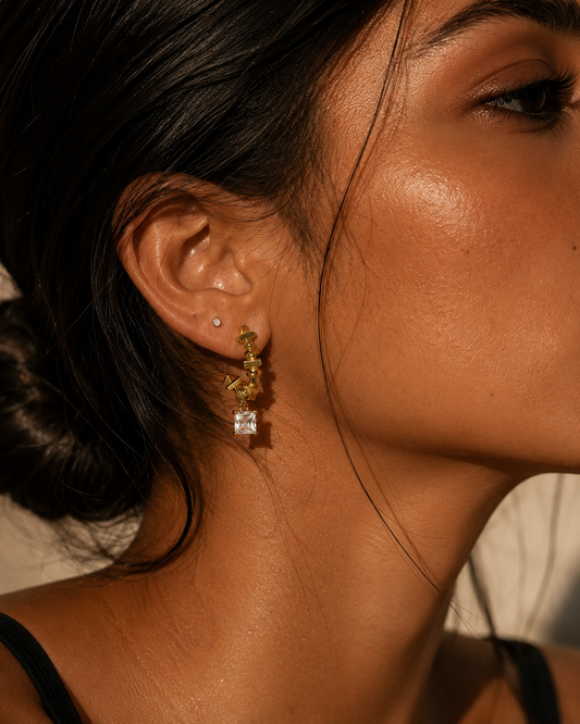 Minimal anti-tarnish gold hoop geometric with gem stone earrings for everyday wear
